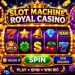 Slot Machine Royal Casino APK game interface showing colorful slot reels, jackpot rewards, spin button, bonus icons, gold coins, and neon casino graphics on Android mobile gameplay screen.