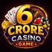 6Crore Game logo featuring golden 3D text, poker cards, roulette wheel, casino chips, and virtual gaming elements.