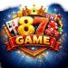 87Game Download logo featuring golden 87 text with casino-style gaming icons, crown, dice, playing cards, and slot machine on a blue glowing background.