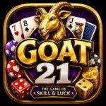GOAT 21 APK Latest Version game logo featuring a golden goat, playing cards, casino chips, dice, and premium gaming design.