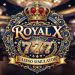 Royal X 777 download logo featuring a regal crown, central 'X', and playing card suits on a dark background with light flares.
