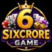 SixCrore Game logo featuring a golden number 6 with casino-themed cards, dice, poker chips, and a crown on a dark background.